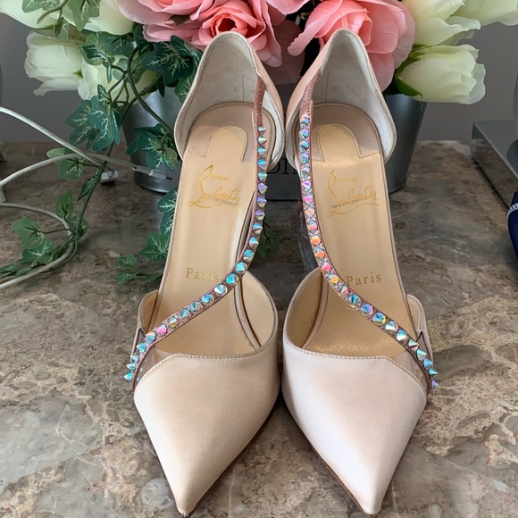 Christian Louboutin Shoes - Women's Natural Krystal Cross Studded Silk pumps
